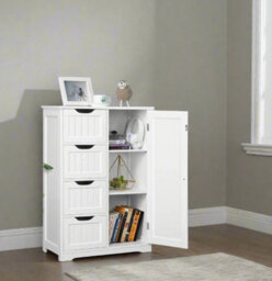 Modcraft Bathroom Floor Cabinet Wooden Freestanding Storage With 4 Drawers & 1 Door Adjustable Shelf , White - thumbnail 4