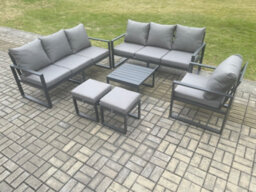 Fimous Aluminium 9 Seater Outdoor Garden Furniture Lounge Sofa Set With Square Coffee Table Chair 2 Small Footstools - thumbnail 2