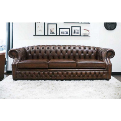 Chesterfield 4 Seater Antique Tan Real Leather Sofa In Buckingham Style - image 1