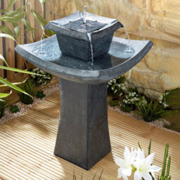 Oriental Pagoda Solar Powered Water Feature - Slate-Effect Polyresin 2 Tier Cascading Water Fountain - H72 X 47Cm Diameter - thumbnail 2