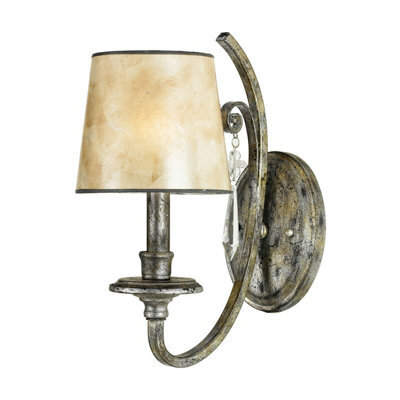 Elegant Wall Light With Crystal Drop And Pearly Mica Shade In Mottled Silver Leaf Finish