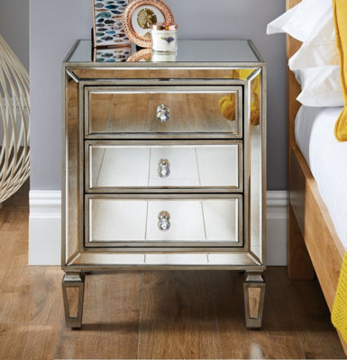 Furniturebox Venice Contemporary 3 Drawer Silver Framed Mirrored Bedside Tablewith Crystaline Shaped Handles - image 1