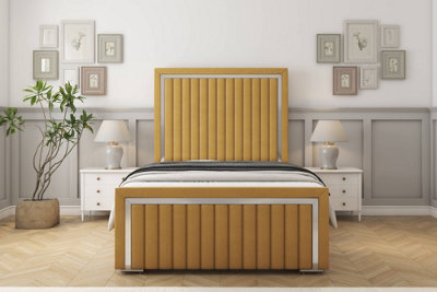 "Sloomy Boston Chrome Mustard Plush Bed Frame With Mattress With 50"" Upholstered Headboard 4' Small Double" - image 1