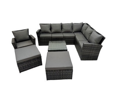 Fimous Rattan Garden Outdoor Furniture Set 9 Seater Garden Sofa Coffee Table Sets With Chair 2 Big Footstools Dark Grey Mixed - image 1