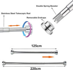 Vivo Heavy Duty Extendable Telescopic Shower Curtain Pole Rail Rod Bath Door Window 125-220Cm (Silver) - thumbnail 2