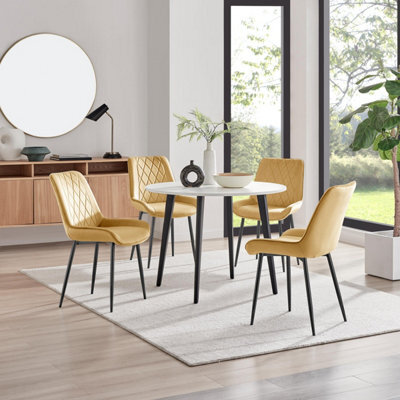 Furniturebox Uk Koko White Melamine Round Dining Table & 4 Mustard Pesaro Black Leg Chairs - image 1