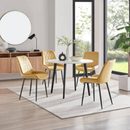 Furniturebox Uk Koko White Melamine Round Dining Table & 4 Mustard Pesaro Black Leg Chairs - thumbnail 1