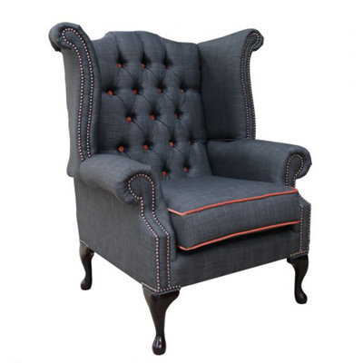Chesterfield High Back Chair Charles Charcoal Orange Trim Linen Fabric In Queen Anne Style - image 1