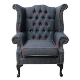 Chesterfield High Back Chair Charles Charcoal Orange Trim Linen Fabric In Queen Anne Style - thumbnail 2