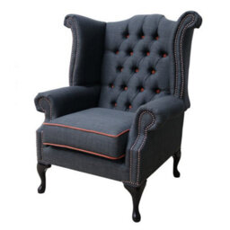 Chesterfield High Back Chair Charles Charcoal Orange Trim Linen Fabric In Queen Anne Style - thumbnail 3