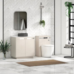 Royal Bathrooms Orion 800mm Warm Taupe Floor Standing Plain White Countertop Vanity Unit 2 Door With Art Round Basin & Chrome Accent Trim - thumbnail 3
