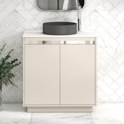 Royal Bathrooms Orion 800mm Warm Taupe Floor Standing Plain White Countertop Vanity Unit 2 Door With Art Round Basin & Chrome Accent Trim - thumbnail 1