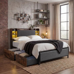King Size Bed Frame With Led Lights & Charging Station For Bedroom - thumbnail 5