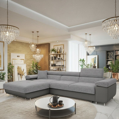 Torezio Mini L Shaped Sofa Bed With Adjustable Headrests Storage Dolfn Mechanism 280X170X70-90Cm Grey And Grey Melange Left - image 1