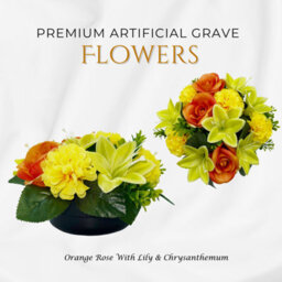 Premium Artificial Grave Flowers - 24Cm Orange Rose With Lily & Chrysanthemum Weighted Pot - thumbnail 3