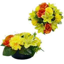 Premium Artificial Grave Flowers - 24Cm Orange Rose With Lily & Chrysanthemum Weighted Pot - thumbnail 2