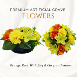 Premium Artificial Grave Flowers - 24Cm Orange Rose With Lily & Chrysanthemum Weighted Pot