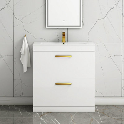 Royal Bathrooms Turin Gloss White 800mm Floor Standing Vanity Unit 2 Drawer With Minimalist Basin Sink & Brushed Brass Handles - image 1