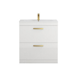 Royal Bathrooms Turin Gloss White 800mm Floor Standing Vanity Unit 2 Drawer With Minimalist Basin Sink & Brushed Brass Handles - thumbnail 6