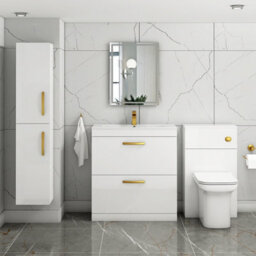 Royal Bathrooms Turin Gloss White 800mm Floor Standing Vanity Unit 2 Drawer With Minimalist Basin Sink & Brushed Brass Handles - thumbnail 2