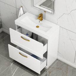 Royal Bathrooms Turin Gloss White 800mm Floor Standing Vanity Unit 2 Drawer With Minimalist Basin Sink & Brushed Brass Handles - thumbnail 5