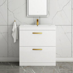 Royal Bathrooms Turin Gloss White 800mm Floor Standing Vanity Unit 2 Drawer With Minimalist Basin Sink & Brushed Brass Handles