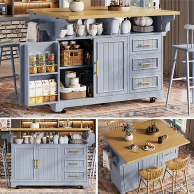 Btm Kitchen Island With Movable Dining Table Rolling Sideboard Storage Cabinets Vertical Groove Doors Large Drawer Fold Out Top - image 1