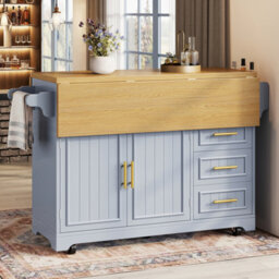 Btm Kitchen Island With Movable Dining Table Rolling Sideboard Storage Cabinets Vertical Groove Doors Large Drawer Fold Out Top - thumbnail 4