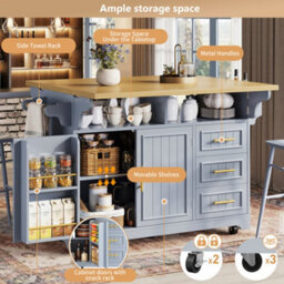 Btm Kitchen Island With Movable Dining Table Rolling Sideboard Storage Cabinets Vertical Groove Doors Large Drawer Fold Out Top - thumbnail 6