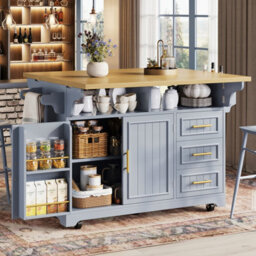 Btm Kitchen Island With Movable Dining Table Rolling Sideboard Storage Cabinets Vertical Groove Doors Large Drawer Fold Out Top - thumbnail 3