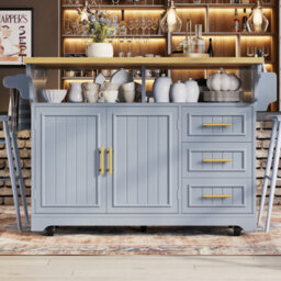 Btm Kitchen Island With Movable Dining Table Rolling Sideboard Storage Cabinets Vertical Groove Doors Large Drawer Fold Out Top - thumbnail 2