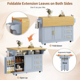 Btm Kitchen Island With Movable Dining Table Rolling Sideboard Storage Cabinets Vertical Groove Doors Large Drawer Fold Out Top - thumbnail 7