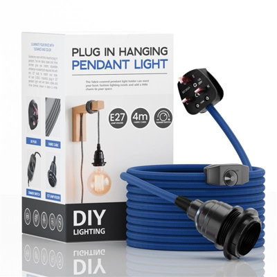 Ledsone E27 Plug-In Lamp Holder, Industrial Pendant Light With Dimmer Switch, 4M Blue Fabric Cable - image 1