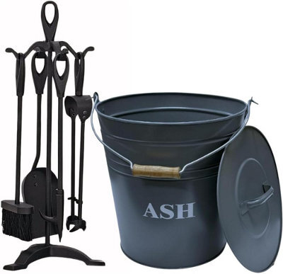 Trendi Fireside Ash Carrier Metal Hot Tidy Box Container 15L Ash Bucket With 5 Piece Cast Iron Loop Design Companion Setlid - image 1