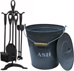 Trendi Fireside Ash Carrier Metal Hot Tidy Box Container 15L Ash Bucket With 5 Piece Cast Iron Loop Design Companion Setlid