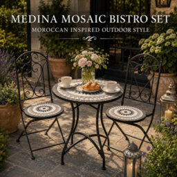 Shatchi Mosaic Bistro Set With Folding Chairs, Ceramic Tile Outdoor Garden Furniture For Patio, Balcony And Terrace - thumbnail 6