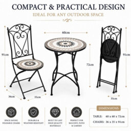 Shatchi Mosaic Bistro Set With Folding Chairs, Ceramic Tile Outdoor Garden Furniture For Patio, Balcony And Terrace - thumbnail 5