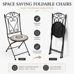 Shatchi Mosaic Bistro Set With Folding Chairs, Ceramic Tile Outdoor Garden Furniture For Patio, Balcony And Terrace - thumbnail 3
