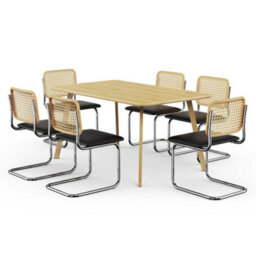 Vonhaus Dining Table & Chairs Set, 6 Seater Dinner Table With Cantilever Chairs Set, Rectangular Light Wood Effect Dining Room Set - thumbnail 1