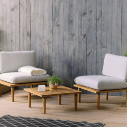 Beliani Acacia Outdoor 2 Seater Sofa Set With Side Table And Grey Cushions - Oiled Acacia, Steel Frame - thumbnail 2