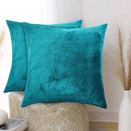 Ameha Teal Plain Velvet Cushions Set, 18X18 Inch, Includes 2 Filled Cushions & 2 Covers, Breathable & Anti Allergic - thumbnail 2