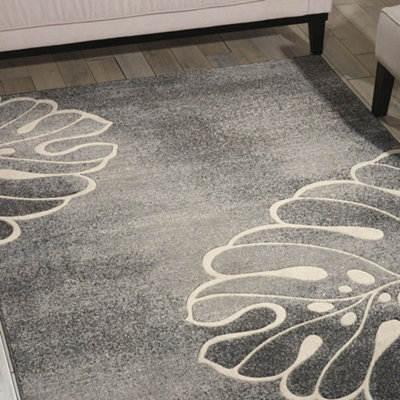 Grey Floral Luxurious Modern Easy To Clean Rug For Bedroom & Living Room-66 X 229Cm (Runner) - image 1