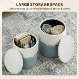 Homcom Round Storage Ottoman Set Of 2, Nesting Footrest Stool, Cream & Grey - thumbnail 5
