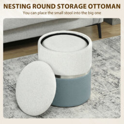 Homcom Round Storage Ottoman Set Of 2, Nesting Footrest Stool, Cream & Grey - thumbnail 4
