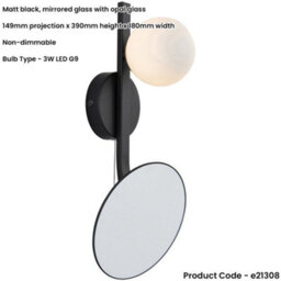Loops Ip44 Bathroom Wall Light - Opal Glass Shade Lamp Matt Black Frame - Mirror Built In - thumbnail 2