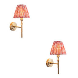Loops Elegant 2 Pack Dimmable Wall Lights In Brushed Aged Brass With Coral Pink Shades
