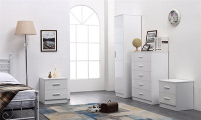 Reflect 1 Door Plain Wardrobe, 5 Drawer Chest, 2X 2 Drawer Bedsides - White Gloss & Matt White - Modern Bedroom Furniture Set - image 1