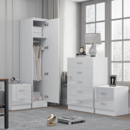 Reflect 1 Door Plain Wardrobe, 5 Drawer Chest, 2X 2 Drawer Bedsides - White Gloss & Matt White - Modern Bedroom Furniture Set - thumbnail 2