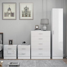 Reflect 1 Door Plain Wardrobe, 5 Drawer Chest, 2X 2 Drawer Bedsides - White Gloss & Matt White - Modern Bedroom Furniture Set - thumbnail 3