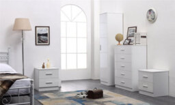 Reflect 1 Door Plain Wardrobe, 5 Drawer Chest, 2X 2 Drawer Bedsides - White Gloss & Matt White - Modern Bedroom Furniture Set - thumbnail 1